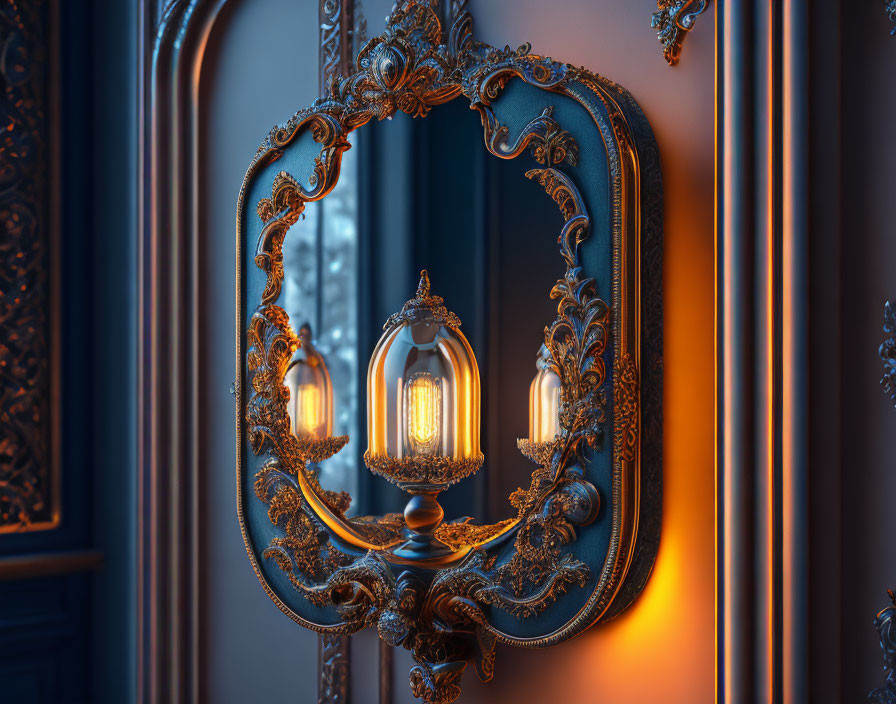 Golden-framed mirror reflecting lamp with lit bulbs on blue wall.