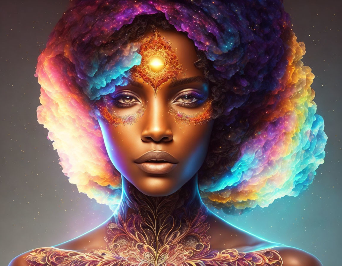 Vibrant cosmic-themed digital artwork of a woman with afro and body art