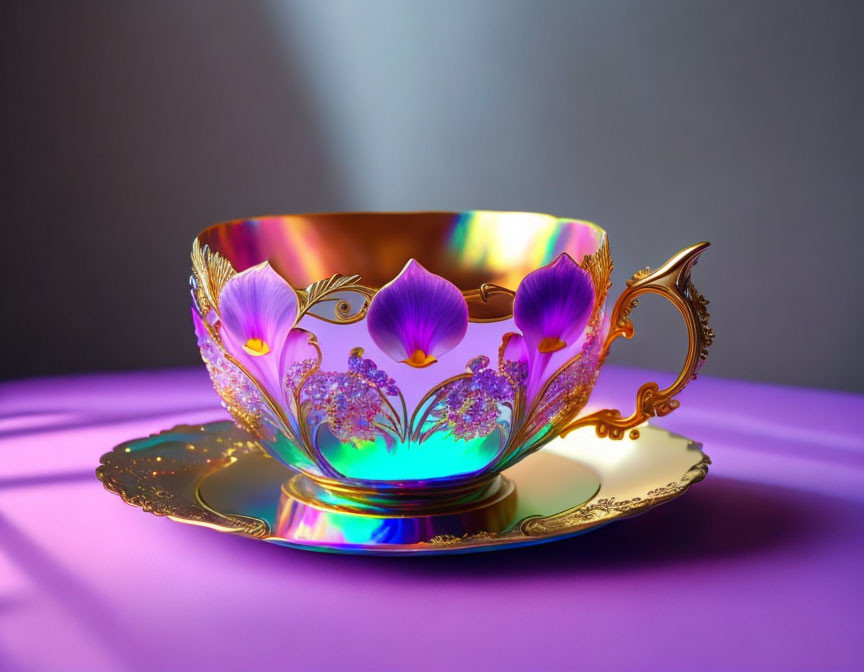 Iridescent teacup with floral designs and gold accents on purple saucer.