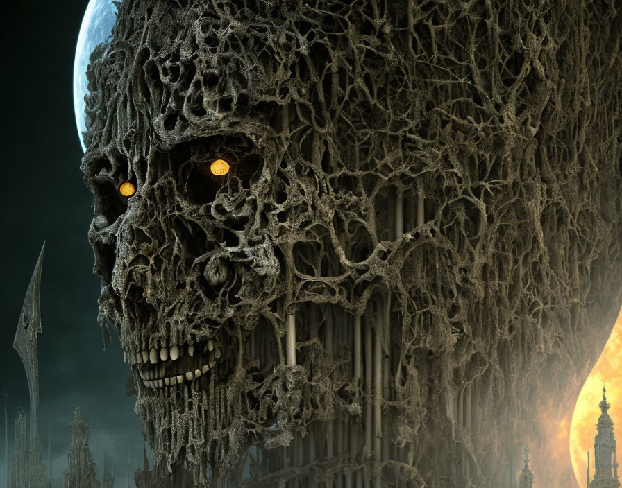 Skull-like structure with glowing eyes in gothic setting