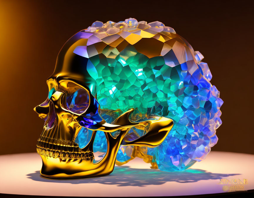 Digitally-rendered skull: half golden, half crystalline in blues and greens