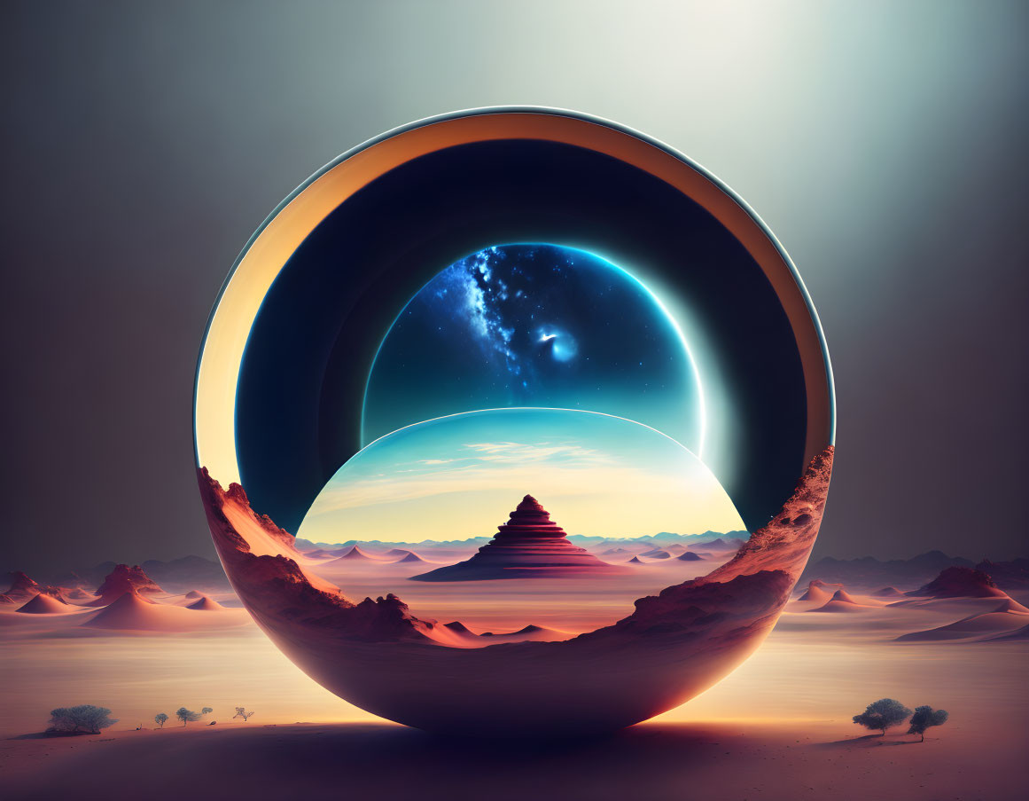 Surreal landscape with circular portal, starry sky, rock formation, desert backdrop