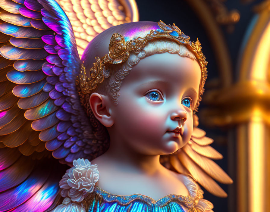 Cherubic figure with golden hair and iridescent wings in ornate blue and gold attire