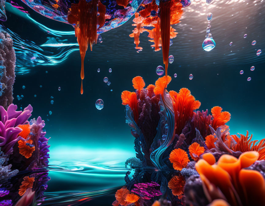 Colorful Coral and Orange Stalactites in Deep Blue Underwater Scene