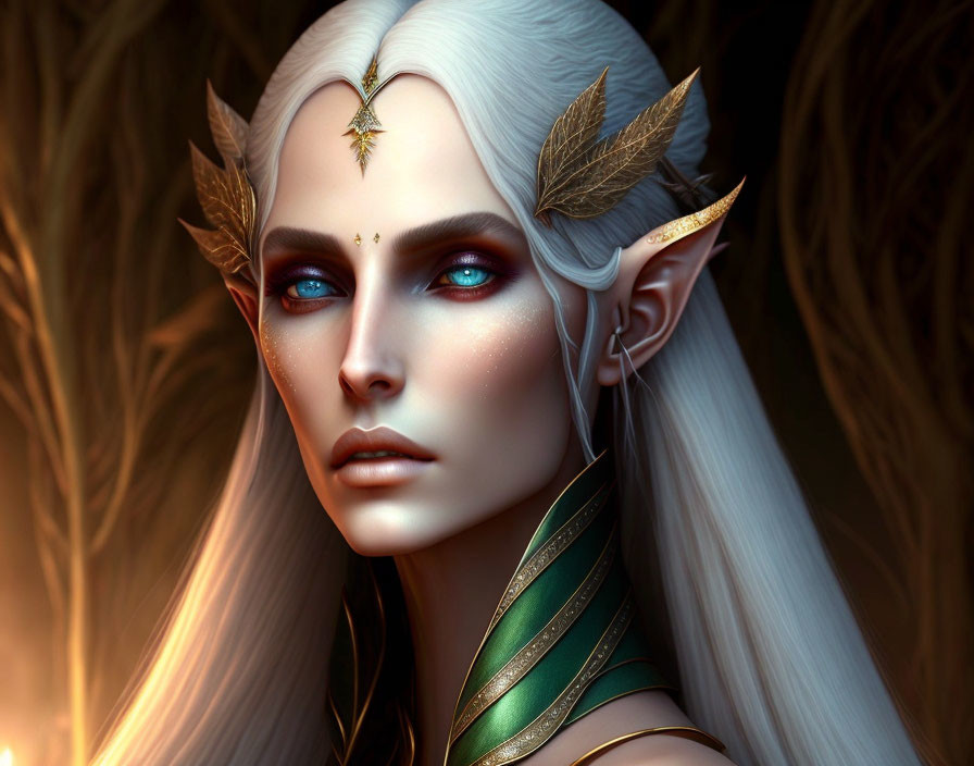 Fantasy elf with sharp ears and blue eyes in woodland setting