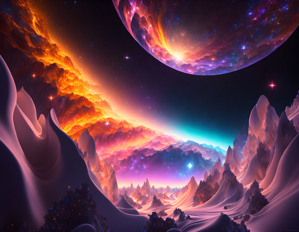 Fantastical digital art: snow peaks, fiery sky, celestial body.