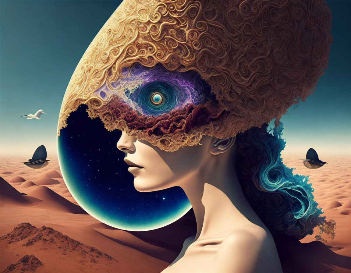 Surrealist Artwork: Female Figure with Cosmic Landscape and Desert Scene