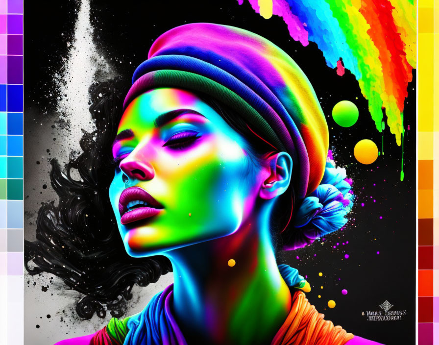 Colorful digital artwork: Woman with rainbow headwrap and cosmic background