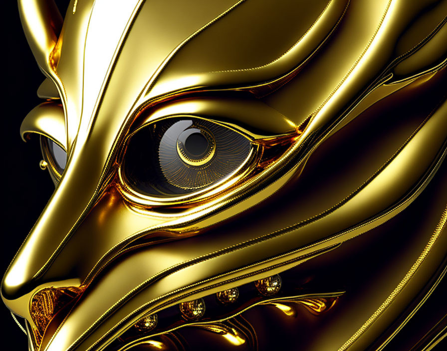 Detailed Close-Up of Glossy Golden Mask with Realistic Eye and Intricate Designs