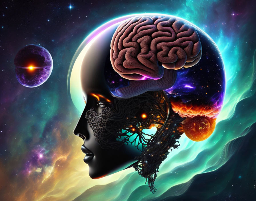 Surrealist human profile with exposed brain in cosmic setting