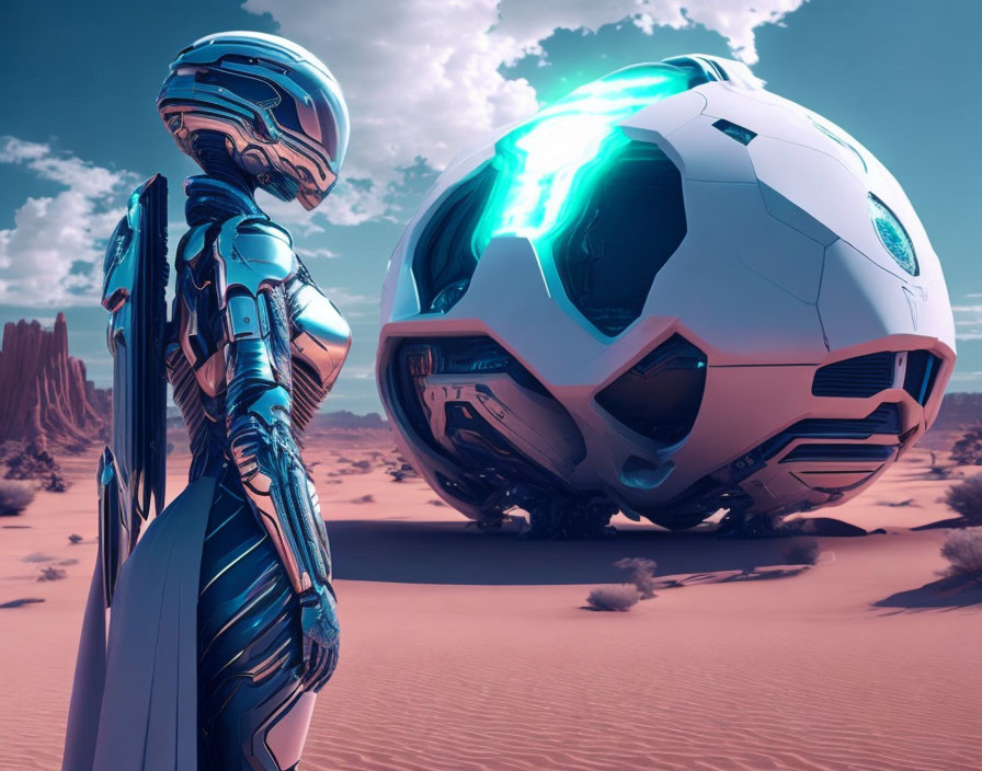 Futuristic robot and glowing blue spherical drone in desert landscape