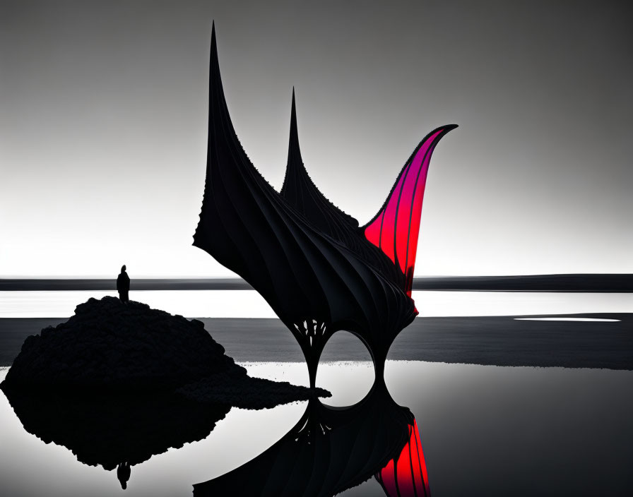 Silhouette next to surreal wing-like structure reflected on water surface