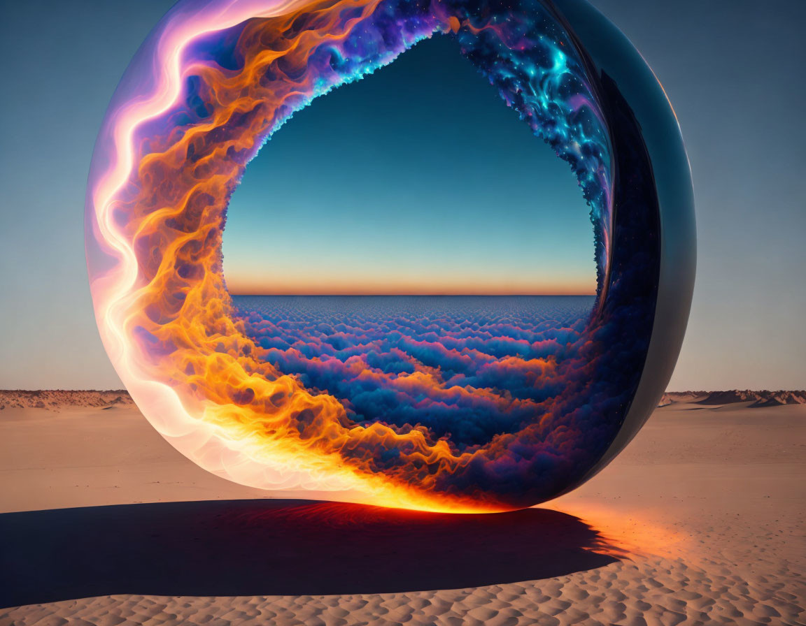 Vibrant fiery sphere in desert landscape with colorful sky portal