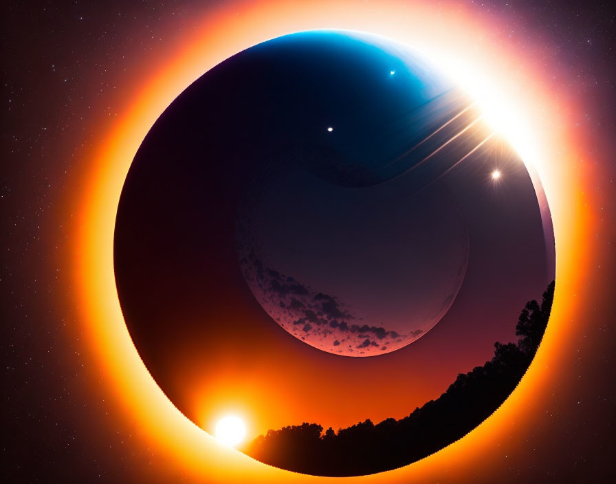 Digital artwork of solar eclipse with fiery corona and darkened moon in starry sky above forest.