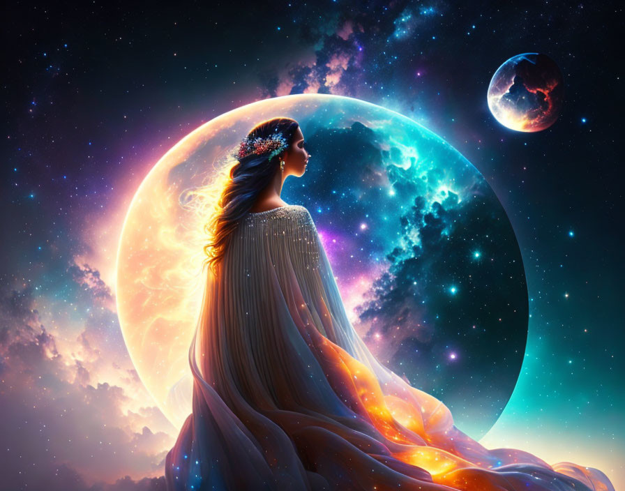 Woman in ethereal gown gazes at cosmic moons and stars