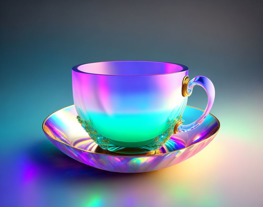 Iridescent Cup and Saucer Reflecting Rainbow-Like Effect on Gradient Background