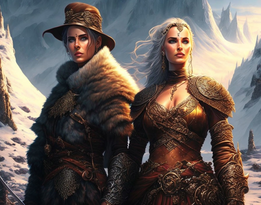 Two women in ornate medieval armor against snowy mountain backdrop