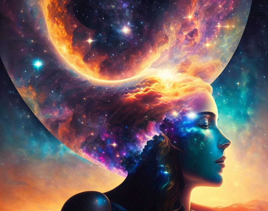 Colorful cosmic illustration of a woman with stars, galaxies, and crescent moon