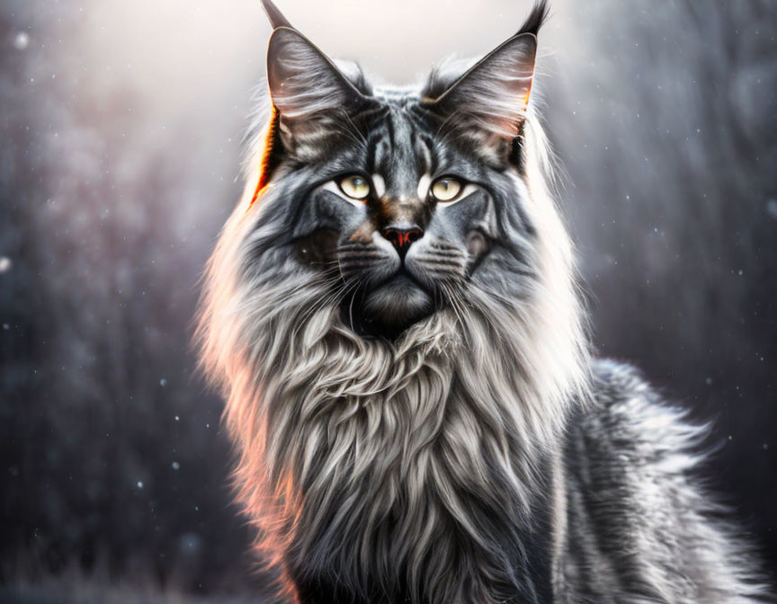 Long-Haired Cat with Yellow Eyes in Snowy Winter Scene