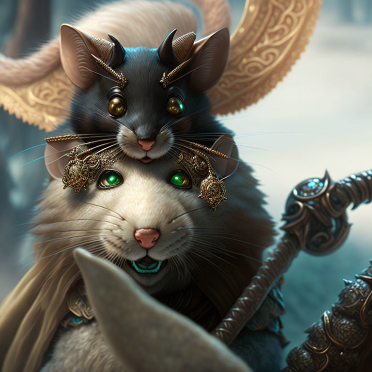 Whimsical digital artwork featuring two cats in gold jewelry and green jewels in a fantasy setting