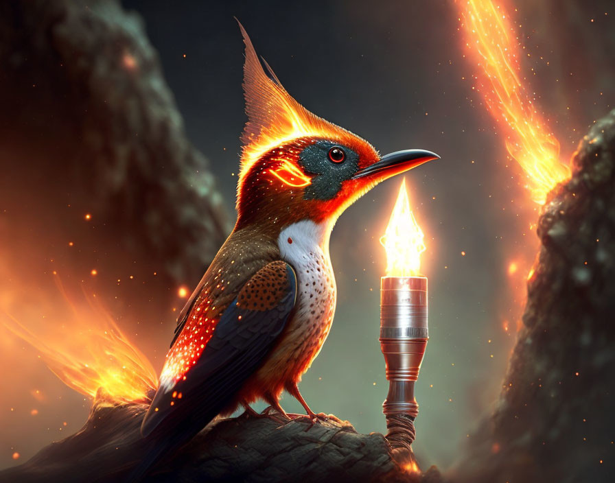 Orange plumage bird with fiery crest near glowing torch in mystical scene