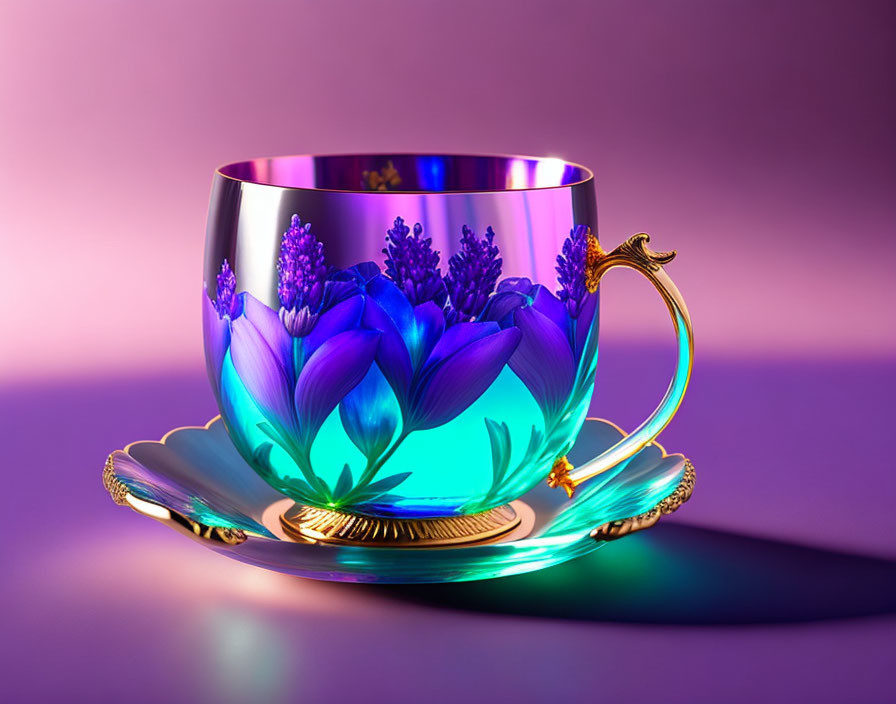 Iridescent teacup with floral design and gold accents on purple saucer