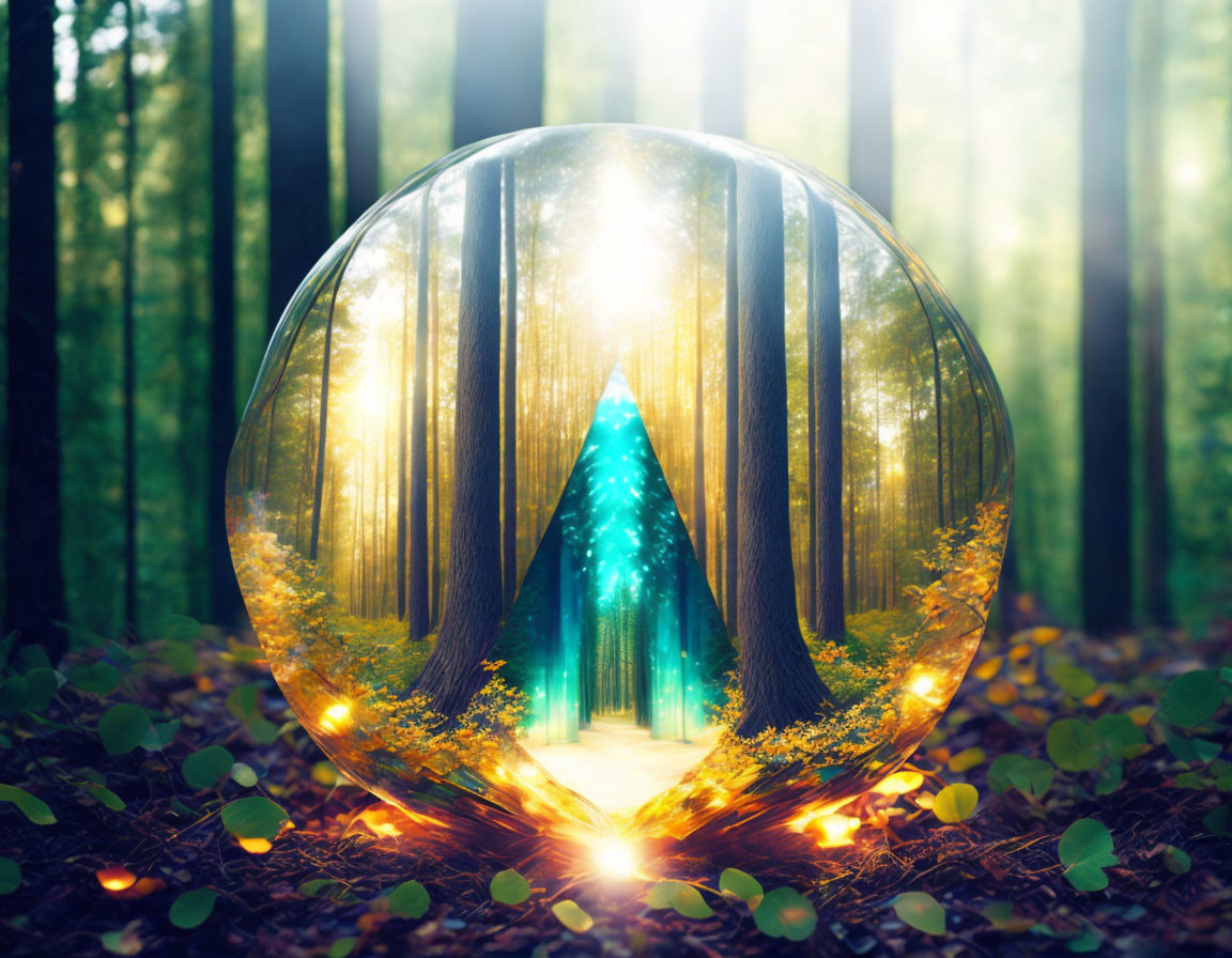 Enchanted forest in transparent sphere with glowing portal surrounded by foliage