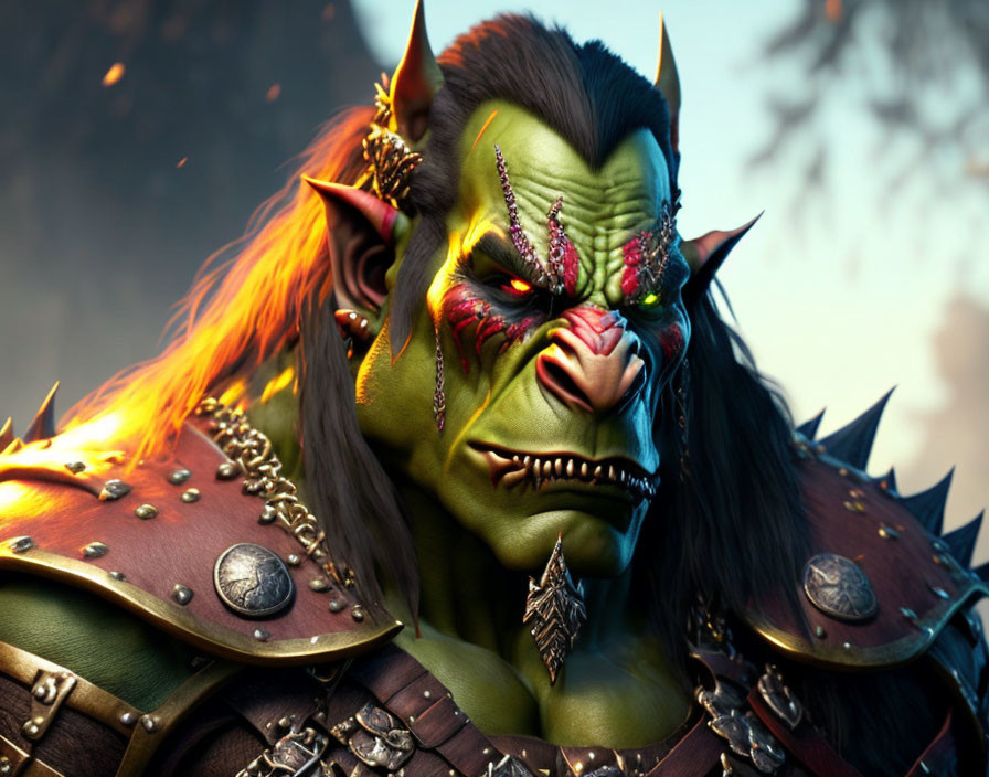 Detailed digital artwork of an orc in spiked armor.