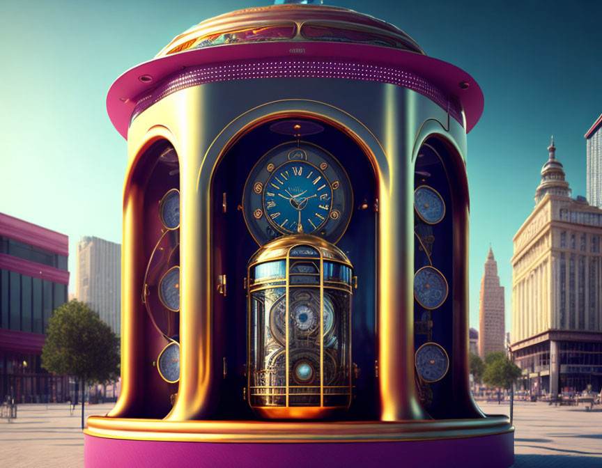 Futuristic golden kiosk with clock faces in open plaza