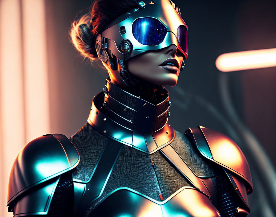 Futuristic female robot in stylish goggles and metallic armor on orange-lit backdrop