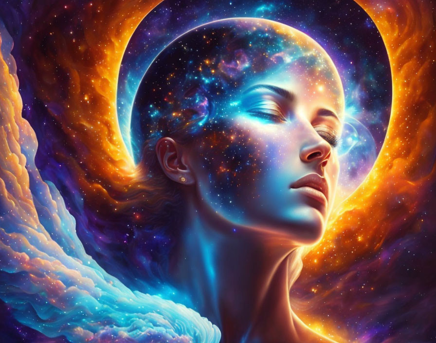 Cosmic-themed portrait of a woman with swirling nebula aura