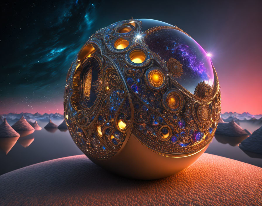 Golden sphere with cosmic patterns and jewels on sandy surface with twilight mountains and starry sky