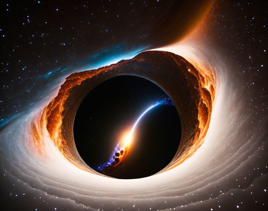 Detailed depiction of black hole with accretion disk and material jet