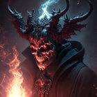 Sinister figure with demonic skull mask in dark cloak