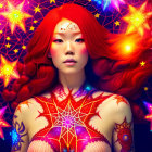 Vibrant woman with red hair and body art in geometric setting