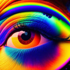 Close-up of human eye with rainbow-colored iris and eyelashes