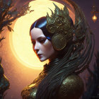 Fantasy illustration of woman with black and gold headgear and glowing orb.