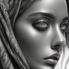 Monochrome illustration of woman with blue eyes and intricate shawl