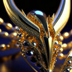 Golden ornate object with feather-like structures in digital art.