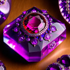 Purple Gemstone Ring with Red Stone and Diamonds on Reflective Surface