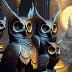 Stylized owls with intricate feather patterns on gothic background