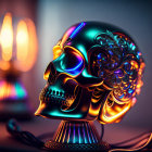 Colorful Metallic Skull with Floral Patterns and Neon Lighting on Soft-focus Background