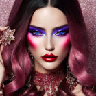 Woman with Red Makeup and Sparkling Accessories on Glittery Pink Background