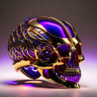 Intricate golden skull with gemstone inlays under purple and orange lighting