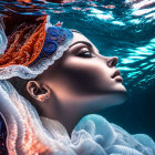 Ornate headwear woman serenely underwater with light and shadows