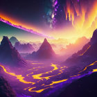 Colorful alien landscape with lava rivers, purple mountains, and celestial sky