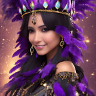 Smiling woman in golden crown with purple feathers and gems