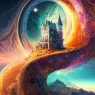 Fantasy landscape with castle on cosmic path under starry sky