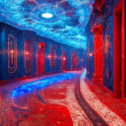 Ornate red and blue patterned corridor with arched doorways and elegant lighting