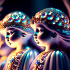 Detailed angel figurines with golden crowns and gowns in warm light